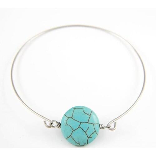 Simple Style Silver Plated Round Green Turquoises Stone Bangle for Party Gift Jewelry