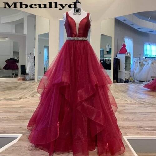 Mbcullyd Puffy Tulle Long Dresses For Prom 2020 Burgundy rochii Shining Crystal vestidos de fiesta largos elegantes de gala