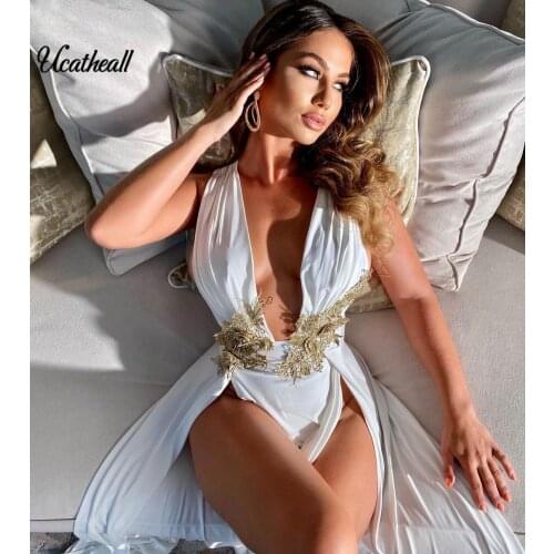 Sexy Deep V Neck Backless Maxi Dress High Splits Dress Gold Embroidery On Waist Open Back Night Club Party Dress Vestidos