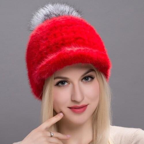 High Quality Multiple Color Choices Mink Knitted Super Large Fox Hair Ball Thickened Cap Fur Ear Protection Warm Adjustable Hat