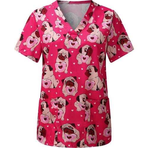 Funny Dog Printed Healthcare Tunic Women Casual Short Sleeve V-neck Carer Tops Dogs Print Blouse Overalls Nurse Uniform Uniforme