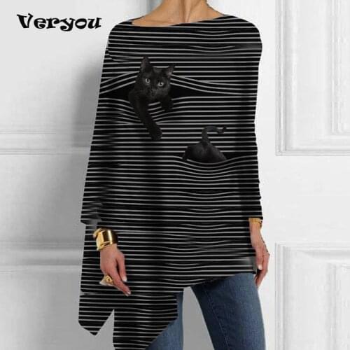 Striped Cat Print Fashion Women Casual Long Sleeved T-shirt Retro Black White Striped O Neck Pullover Tops Women Street Tshirt