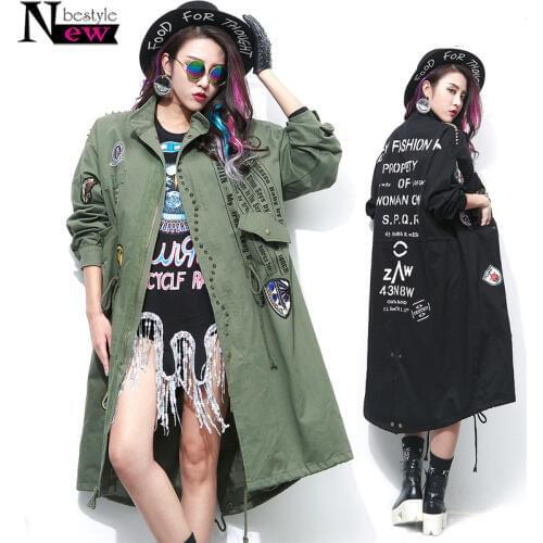 2019 Embroidery Applique Jacket Coat Women Fashion Rivets Bomber Jacket Women Long Coat Army Green Oversized Cotton Trenchcoat