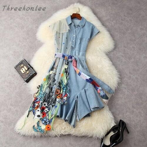 High Quality Fashion New Denim Dress Stitching Mesh Embroidery Irregular Dress Women 2021 Summer High Waist Slim Elegant Dress