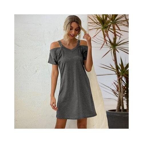 Summer Womens Fashion Sexy Off Shoulder V-neck Short Sleeve Casual Loose Street Style Women Mini Dress