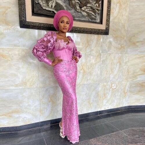 Elegant Pink Formal Evening Dresses Beads Appliques vestido de fiesta Prom Dress Long Puff Sleeve Illusion robe de soirée