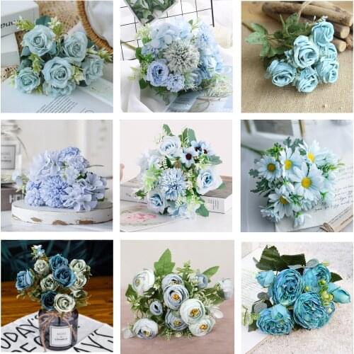 1 Bouquet blue Artificial Flowers Peony Tea Rose Autumn Silk Fake Flowers for DIY Living Room Home Garden Wedding Decoration