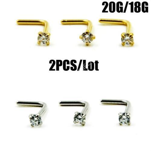2Pcs CZ Zircon 316L Stainless Steel L Shape Nose Septum Stud Bar Ring Body Piercing Jewelry New