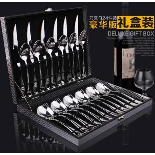 Free shipping 24 suits luxury stainless steel steak knife and fork spoon Western cutlery set value of high-end gift