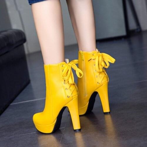 Stylish Cross Tie Bow Boots Women Round Toe Platform Motorcycle Boots Black Yellow White High Heels Goth Booties Shoes Woman 50