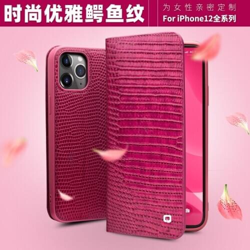 Qialino Genuine Leather Flip Cover For Iphone 12 Pro Max Mini Real Cow Skin Phone Case Wallet Card Holder Lady Woman Girl Rose