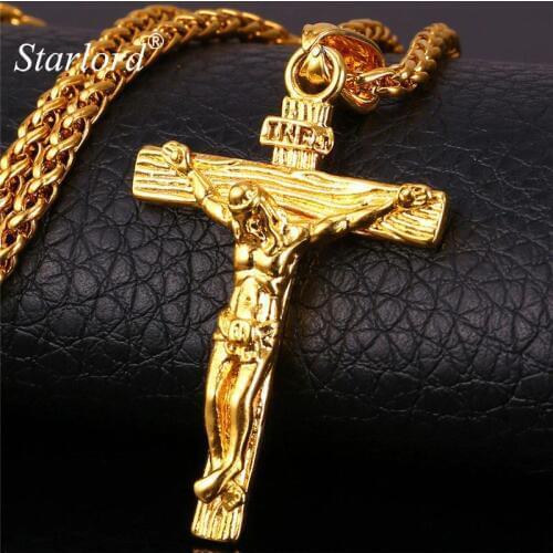 Personalized INRI Jesus Piece Crucifix Pendant&Necklace Stainless Steel Gold Chain For Men Gift Vintage Christian Jewelry GP1166