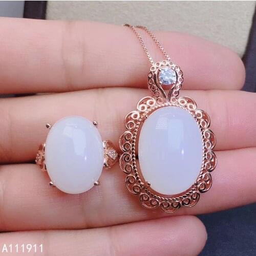 KJJEAXCMY fine jewelry 925 sterling silver inlaid Natural White jade pendant ring fashion ladies suit support detection trendy