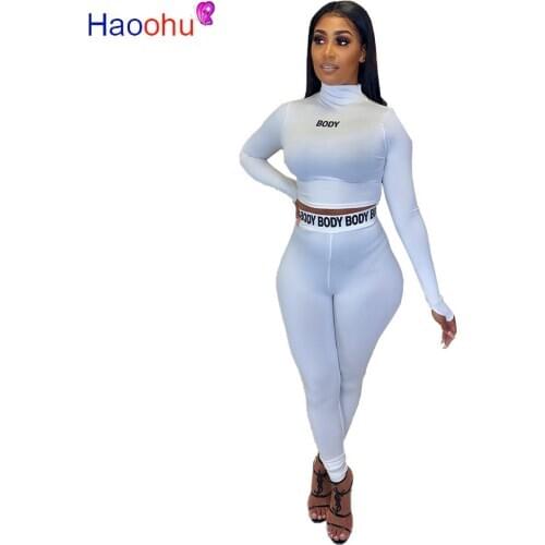 HAOOHU White Black Fitness 2 Piece Set Women Suit Sportwear Summer Outfits Long Sleeve Crop Top Leggings Ladies Tracksuit Female
