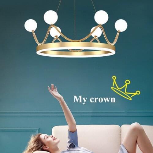 Girl Bedroom Crown G9 Led Pendant Lights Gold Metal Round Hanging Lamp Glass Shades Droplight Modern Deco Suspend Lamp Fixtures