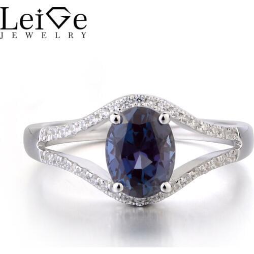 Leige Jewelry Lab Alexandrite Ring Solid 925 Sterling Silver Oval Cut Color Changing Gemstone Engagement Wedding Rings for Women
