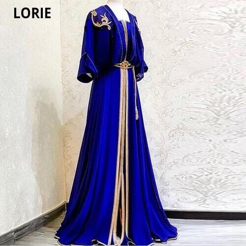 LORIE Royal Blue Muslim Evening Dresses Chiffon 2020 Moroccan Kaftan Appliques Half Sleeve Saudi Arabic Muslim Special Occasion