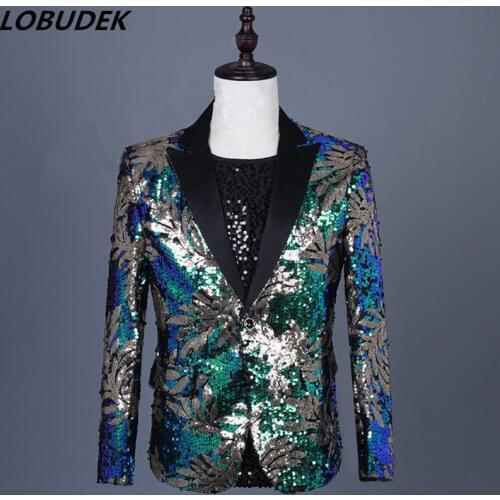 Fashion Popular Mens Gold Green Blazers Slim Coat Formal Male Costume Nightclub Clothing DJ Singer Host Performance Stage Wears