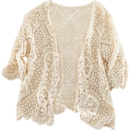 Fashion Knitted Women Bohemian Style Midi Sleeve Lace Open Cardigan Short Knitting Outwear Hollow Out Sweater Tops PZ2037