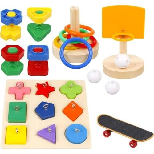 5 Pieces Bird Training Toy Set Include Wooden Block Puzzle Toy Basketball Stacking Rings Skateboard Nuts and Bolts Toy