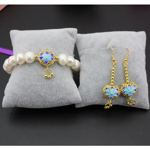 Natural white pearl 10-11mm beads bracelets dangle earrings gold-color cloisonne women high quality jewelry set 7.5inch B3102