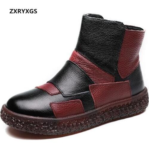 Newest Spell Colors Splicing Genuine Leather Boots Winter Shoes Warm Snow Boots Flat Soft Sole Fashion Casual Shoes Woman Boots
