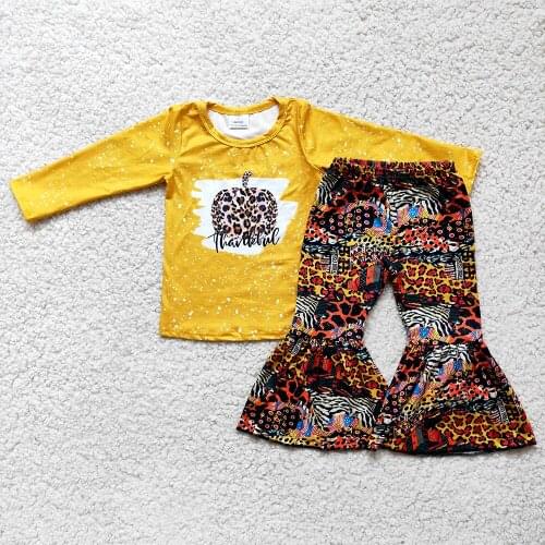 New Arrival Kids Yellow Top Match Leopard Flare Pants 2Pieces Set Fashion Girls Hallowen Pumpkin Outfit With Long Sleeve