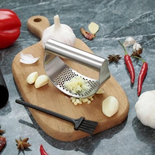 Stainless Steel Garlic Press With Garlic Peeler Brush Curved Grinder Mincing Masher Durable Household Kitchen Cooking Gadgets