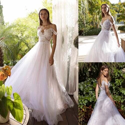 Simple Off Shoulder Wedding Dresses Tulle Lace Applique Cut-Out Sheer Spaghetti Strap Vestido De Noiva Custom Made Bridal Dress