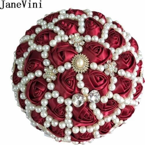 JaneVini Luxury Flores Burgundy Bridal Pearl Wedding Bouquets Beaded Satin Rose Ribbon Artificial Bride Bouquet Flower Custom