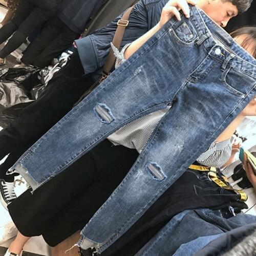 S-4XL New Cotton Women Pencil Jeans Pants Skinny MID Waist Denim Pants Ripped Hole Shredded Ripped Jeans Trousers