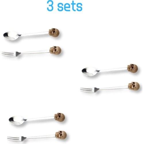 Skull Pattern Cutlery 304 Stainless Steel Teaspoons Dinner Spoon Fork 3 Sets Resin Skull Head For Coffee Tea Dessert