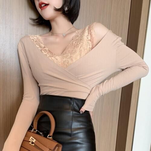 2020 Spring Women Ladies Long Sleeve V Neck Crop Top Elegant Khaki Cotton T Shirt Party Bodycon Bandage Lace Patchwork Tee Femme