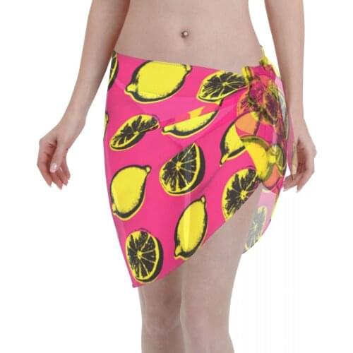 Womens Swim Wear Bikini Cover Up Pop Art Lemon Pattern Beach Mini Wrap Skirt Sarong Pareo Shorts Summer Beachwear