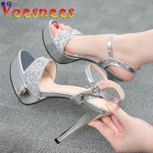 Voesnees Women Sandals New 2021 Summer Fashion Sexy Sequins 12CM High Heels Party Dress Wedding Nightclub Women Stiletto Shoes