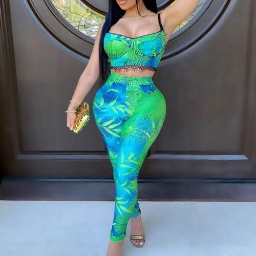 Club Party Rainforest leaf print Women legging Set Two Piece Set Tracksuits Crop Top Jogger Sweatpants Suit Outfit Matching Set