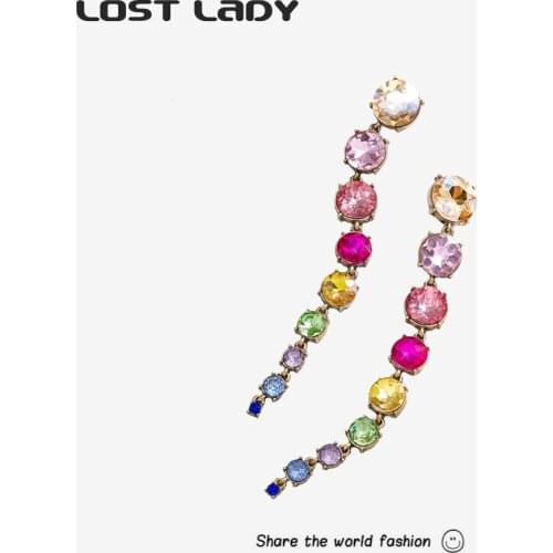 Lost Lady BlingBling Fashion Long Crystal Earrings Colorful Statement Earrings for Women Exaggerated Female Party Jewelry