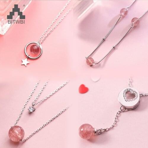 925 Sterling Silver Beaded Necklace Jewelry Sweet Pink Strawberry Crystal Star Zircon Long Heart Necklace Gift for Women Girls