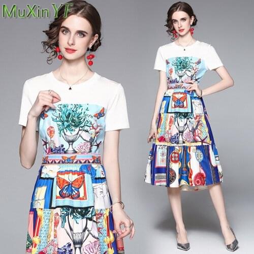 2021 Fashion Women Summer Print Midi Length Dress Europe and America Trendy T Shirt Dresses Lady Graceful Slim Waist Streetwear