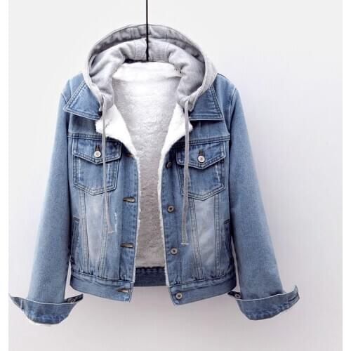 Winter womens cotton-padded jacket plus velvet short denim jacket womens detachable hooded warm wool-like cotton jacket