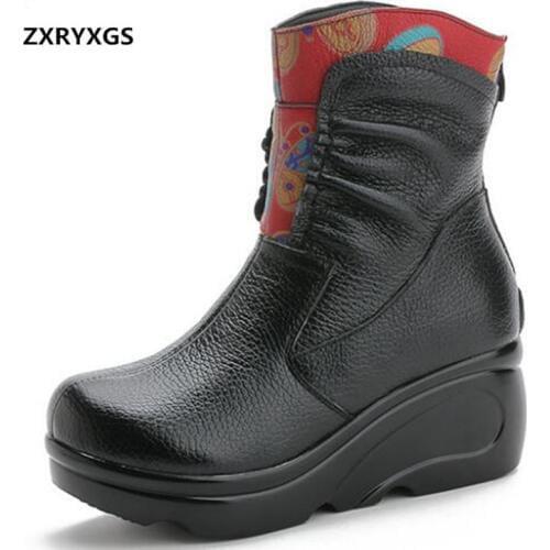 ZXRYXGS Handmade Embroidery Fashion Boots Women Boots 2021 New Autumn Winter Shoes Warm platform Wedges Genuine Leather Boots