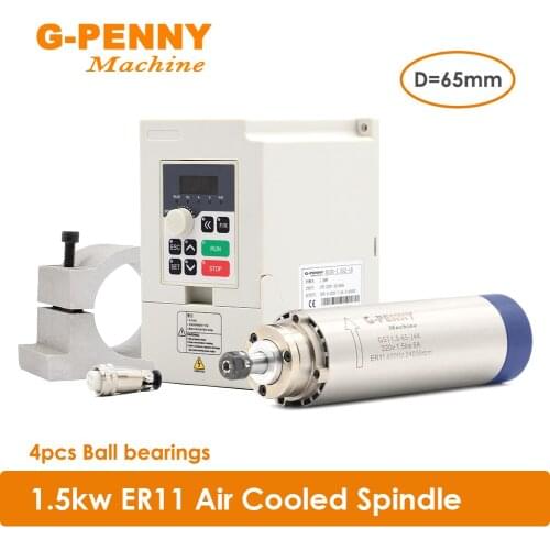 New arrival 1.5kw ER11 air cooled spindle 24000rpm air cooling 400Hz 4 bearings 65x204mm & 1.5kw QL VFD/ Inverter & 65mm bracket