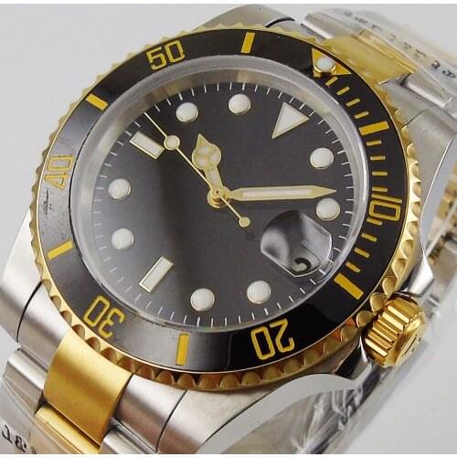 40mm Sterile Black Dial Luminous Gold Plated Ceramic Bezel Sapphire Glass NH35 Date Automatic Mens Watch