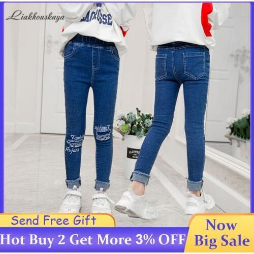 Kids Jeans Girls Spring Fashion Holes Jeans Toddler Baby High Quality Letter Print Elastic Waist Jeans Teen Tight Pencil Pants