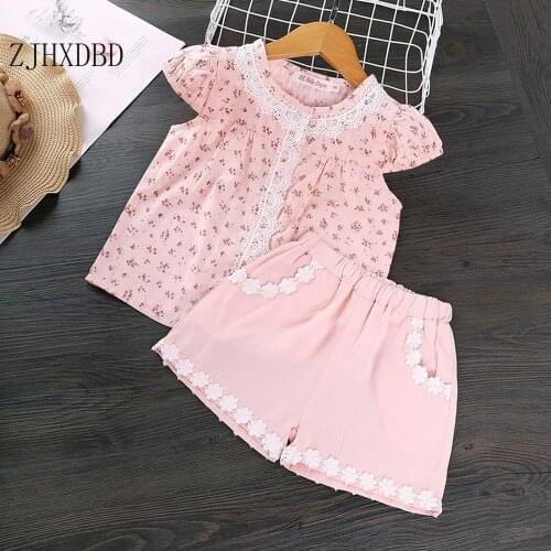 Pink Small Floral Print Beautiful Girls Dresses Childrens Clothing 2020 Summer Short-sleeved Suit Cotton Floral Tops Two Sets
