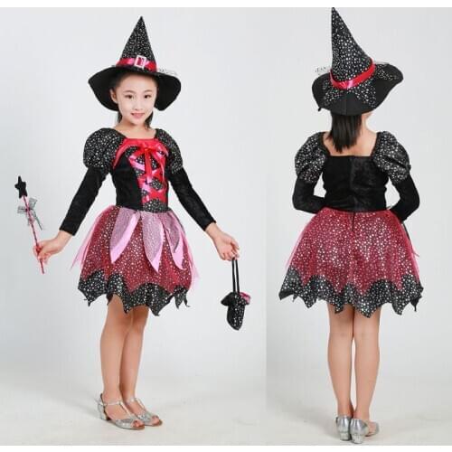 Children Halloween Costume Witch Cosplay Dress Bowknot Tutu Cap Candy Bag Masquerade Party Role Play Kids Clothes