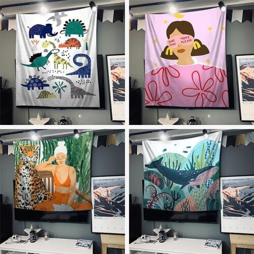 Illustration Tapestry Wall Hanging Polyester Thin Bohemia Cactus Girls Print Tapestry Beach Towel Cushion Wall Tapestries