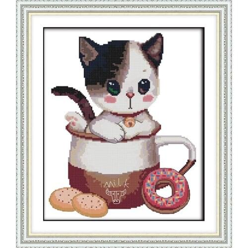 The Kitten in the cup 3 Counted DMC 14CT 11CT Pattern Printed on Canvas Cross Stitch kits Needlework Embroidery Sets