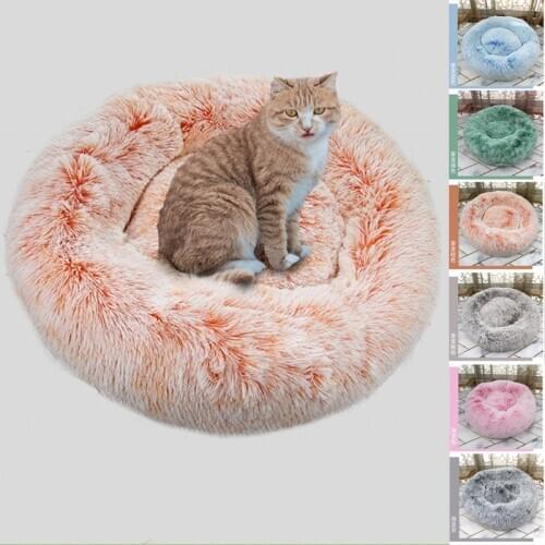 Pet Dog Cat Bed Warm Long Plush Cat House Super Soft Fleece Washable Round Cat Bed Indoor Cushion Sleeping Cat Nest