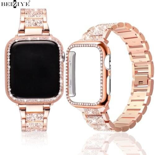 Metal Diamond strap + case For Apple Watch 6 SE 5 4 band 40mm 44mm Bumper iWatch 38mm 42mm bracelet Correa stainless steel strap